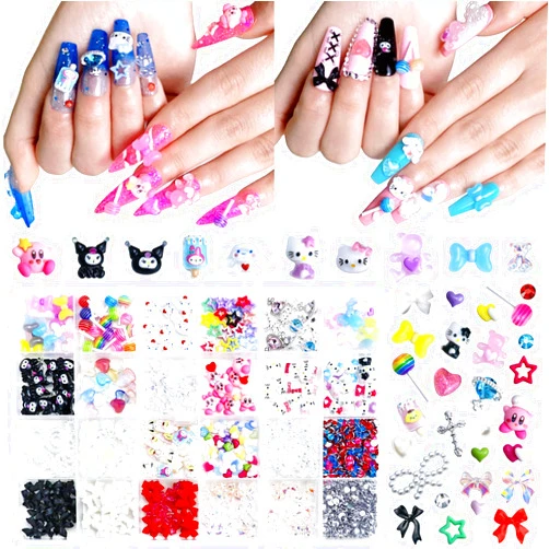 Briskbloom Mix Assorted 3D Nail Charms Kawaii Kitty Bowknot Lollipop Bear Planet Cross Nail Charm Supplies with Rhinestones Pearls Cartoon Nail Gems for Nail Design DIY Crafts Accessories