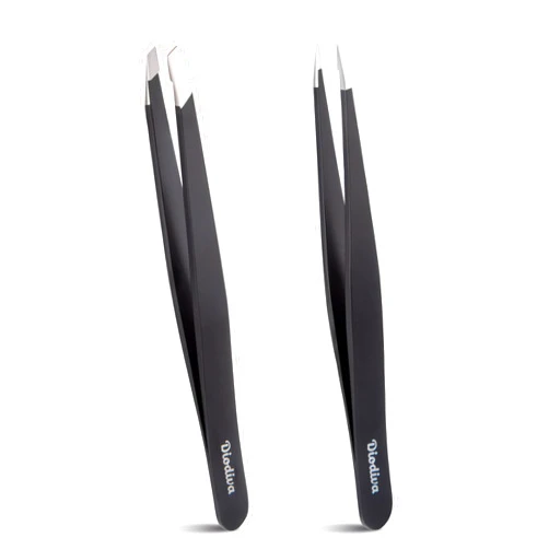 Diodiva 2-Pack Tweezers for Eyebrows, Facial Hair, Ingrown Hair Removal, Slant and Point Tip Tweezer Set for Women and Men, Professional Stainless Steel Precision Eyebrow Plucking Grooming with Case - Black