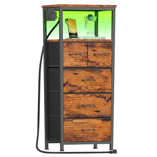 Furnulem Dresser for Bedroom, Tall Nightstand, Vertical Chest with Wood Top, Charging Station, LED Lights, 5 Fabric Bins, Bedside Table with Shelf, Furniture for Entryway (5 Drawer, Rustic Brown)