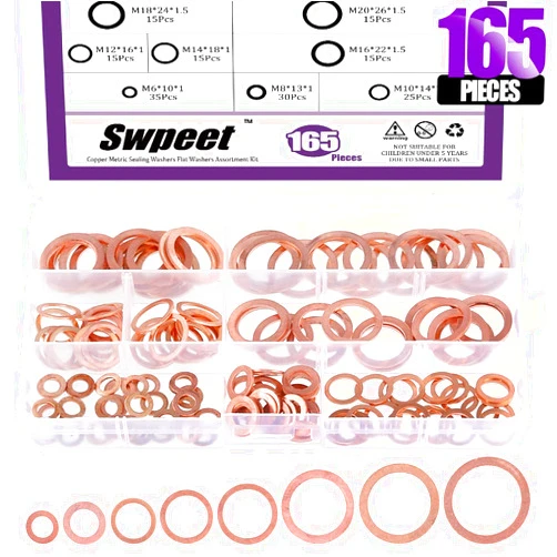 Swpeet 165Pcs 8 Sizes Copper Metric Sealing Washers Flat Washers Assortment Kit, Including M6 M8 M10 M12 M14 M16 M18 M20 Perfect for Electrical Connections