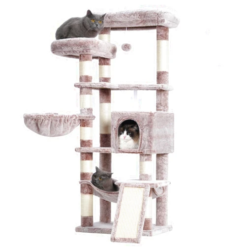 Hey-brother Cat Tree with Scratching Post, 57 inch Cat Tower for Indoor Cats, Cat Condo with Two Large Platforms, Hammock and Big Scratch Board, Muchroom MPJ051MU