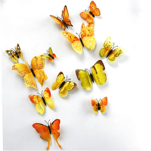 V-Time 24pcs 3D Colorful Butterfly Wall Stickers DIY Art Decor Crafts for Party Nursery Classroom Offices Kids Girl Boy Baby Bedroom Bathroom Living Room Magnets and Glue Sticker Set (Yellow-Double Wing)