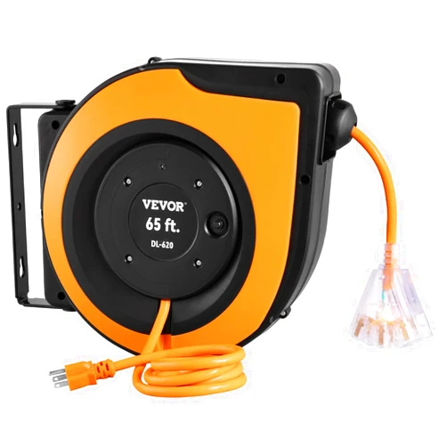 VEVOR Retractable Extension Cord Reel, 65 FT, Heavy Duty 12AWG/3C SJTOW Power Cord, with Lighted Triple Tap Outlet, 15 Amp Circuit Breaker, 180° Swivel Bracket for Ceiling or Wall Mount