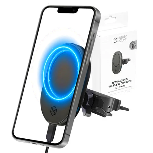 Mighty Mount MagSafe 15W Wireless Car Charger with CD Slot, MagSafe CD Car Mount, CD Slot Phone Mount, CD Player Phone Mount, 360° Rotation, Strong N52 Magnets, Fast Charging, Magnetic Charger Holder