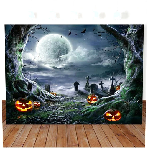 BewFar 7X5FT Halloween Photography Backdrop Horror Moon Night Scary Cemetery Pumpkin Lantern Background Party Supplies Kids Adult Family Portrait Photo Booth Studio Prop