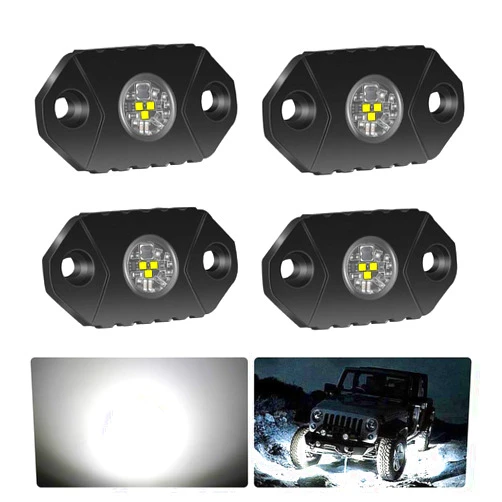 4WDKING White LED Rock Lights, 4 Pods IP68 Waterproof Underbody Glow Trail Rig Lamp LED Neon Lights for Truck Jeep Off Road Truck Car Boat ATV SUV Motorcycle