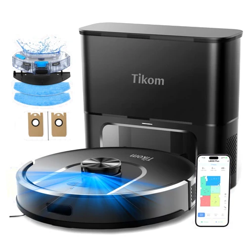 Tikom Robot Vacuum and Mop, 6000Pa Robotic Vacuum Cleaner with Self-Emptying Base, 90 Days Capacity, LiDAR Navigation, Home Mapping, Ideal for Pet Hair, Hard Floors, Carpet (L8000 Plus)
