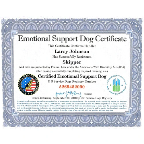 Just 4 Paws Official Certified Emotional Support Dog Customized Certificate | Includes Handler/Dog PVC Info Card & Registration at US Service Dogs Registry