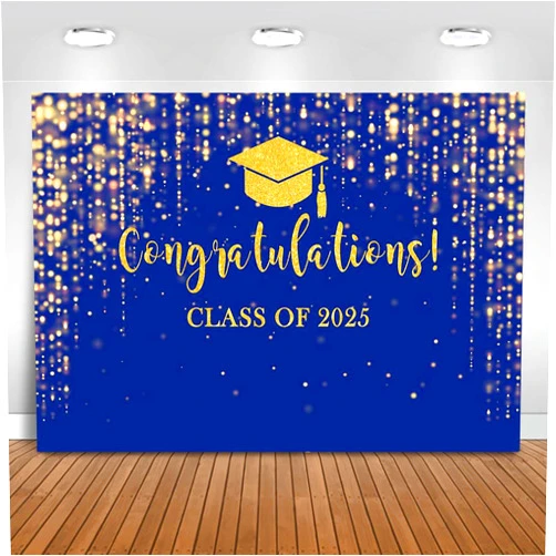 Mocsicka Class of 2025 Backdrop Blue Gold Glitter Bokeh Graduation Party Background 2025 Congrats Grad Prom Party Cake Table Decoration Photo Booth Props (7x5ft)