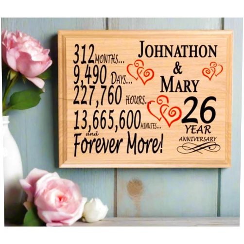 Broad Bay 26th Anniversary Sign Gift Plaque PERSONALIZED 26 Year Wedding Anniversary Present for Wife Husband Couple Him or Her - Solid Maple Hardwood - 11in x 8.5in x .75in