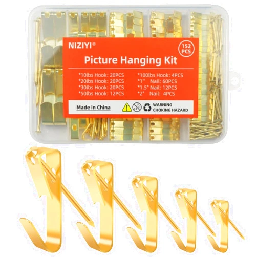 NIZIYI 152Pcs Picture Hanging Kit, Picture Hangers 10lb, 20lb, 30lb, 50lb, 100lb Hooks with Nails, Heavy Duty Photo Frame for Pictures, Painting ,Mirror, Wall Art Mounting on Drywall, Wooden Wall