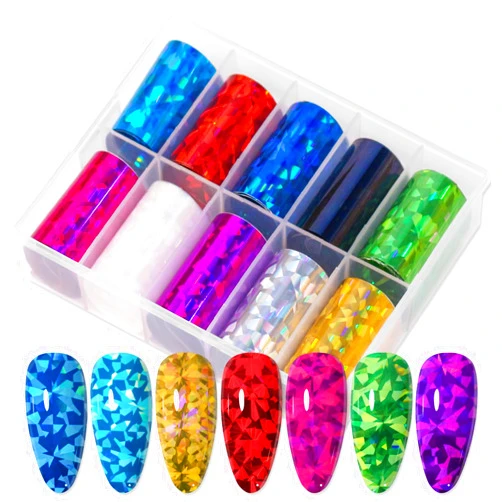 SILPECWEE 10 Rolls Broken Glass Nail Foil Holographic Nail Art Foil Decals Cellophane Nail Transfer Foil Aurora Nail Stickers Fingernail Manicure Design Nail Decoration for Acrylic Nails