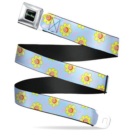 Buckle-Down Rick and Morty Belt, Seatbelt Buckle Belt, Rick and Morty Face Flowers Scattered Doodle Blue Lavender, Adjustable