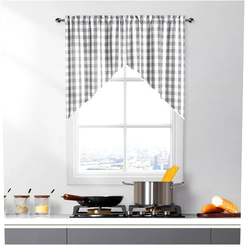 Bapawfish Grey Buffalo Plaid Cafe Curtains Farmhouse Swag Kitchen Curtain Valance 36 Inches Long, Gingham Check Rod Pocket Half Window Short Curtains for Kitchen Bathroom, 28
