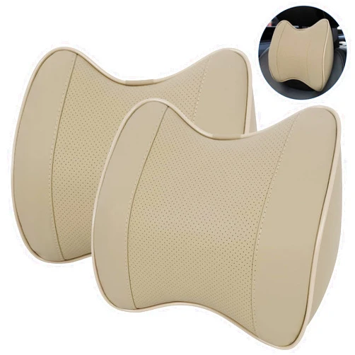 SCEDREAM 2 Pack Car Neck Pillow, Softness Leather Car Headrest Pillow, 100% Memory Foam and Breathable Removable Cover, Neck Support Head Pillow for Ergonomic Design (Beige)