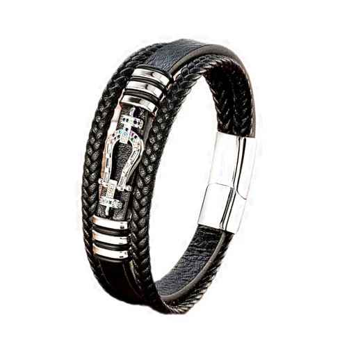 DASSIO Multilayer Leather Horseshoe Charm Bracelet, Men's Handmade Braided Leather Bracelet with Horseshoe Zircon Accessories, Stainless Steel Fashion Men Classic Gift (White Metal,23cm)