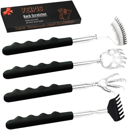 Yeipis 4Pcs Different Back Scratcher Extendable Back Massager Tool with Rubber Handles, Metal Portable Telescoping Back Scratcher, Stocking Stuffers for Men Women Kids Adults (Black)