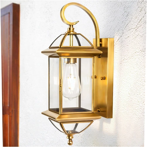 VenzBlomia Gold Copper Wall Light Fixture Outdoor 18 Inch, Large Oil Rubbed Brass 100% Solid Copper Outside Wall Mounted Porch Lantern with Clear Glass, Golden Classic Exterior Sconce for Patio Garage Front Door