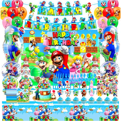 Generic Mario Birthday Party Supplies, Party Decorations Include Balloons, Backdrop, Banner, Hanging Swirls, Tablecloth, Cupcake Cake Toppers, Tableware, Stickers for Mario Birthday Party Favors