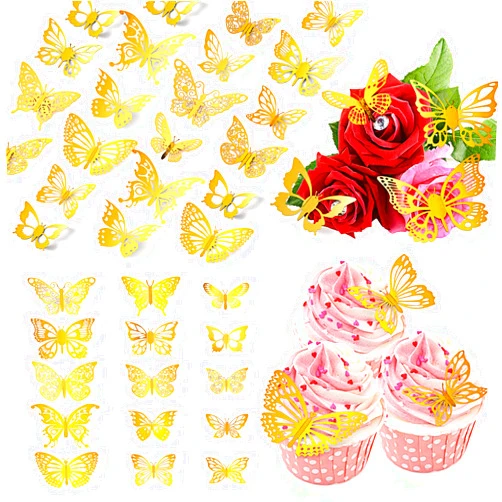 Ctosree 300 Pcs 3D Butterfly Wall Decor, 4 Styles Gold Butterfly Birthday Party Decorations Removable Butterfly Flower Bouquet Cupcake Decorations, Classroom Bedroom Wedding Balloon Baby Shower Decor