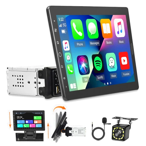 EKAT 10.1 inch Single Din Car Stereo with CarPlay and Android Auto, Detachable Touch Screen Radio with Mirror Link/1080P/EQ Audio/SWC/Bluetooth +Backup Camera+MIC