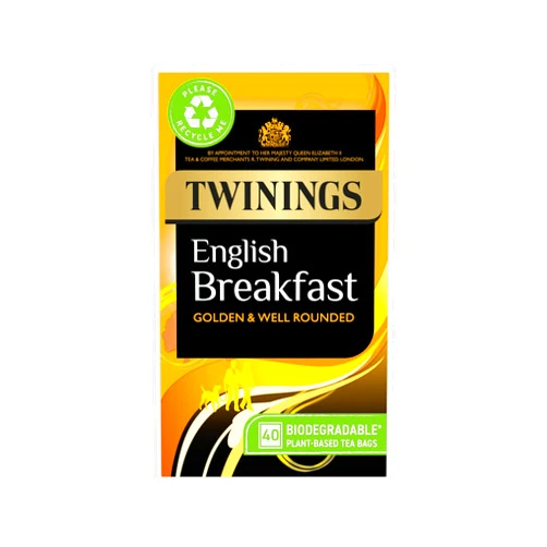 Twinings English Breakfast Black Tea Golden, Well Rounded & Full Bodied, 40 Biodegradable Tea Bags