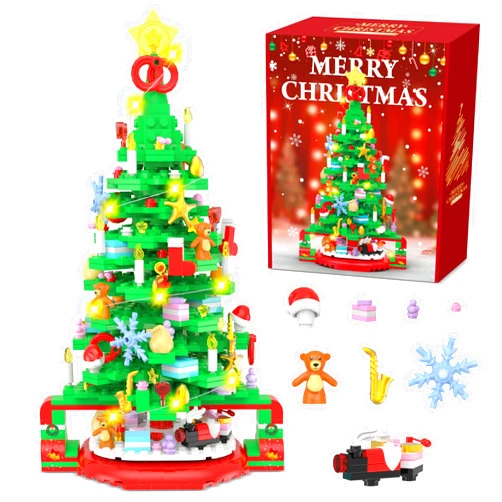 Flyart Christmas Tree Building Blocks, Toy Building Sets with LED Light, Christmas Tree Building Bricks with Christmas Train, Stocking, Snowflake, Xmas Gifts for Kids Adults Teens
