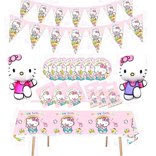 HANJIEJIE Kitty Girls Birthday Party Balloons, Dinner plates, Paper towels,Banners, Tablecloths,Gift bags,Baby shower Birthday party decorations - Serves 10 Guests