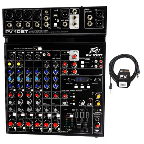 Peavey PV 10BT PV10BT Pro Audio Mixer,4 mic In,Bluetooth/USB,Compressor/Effects Bundle with Peavey PV 20' XLR Female to Male Low Z Mic Cable
