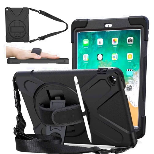 DreamerX for iPad Air 2 (2nd Generation) Case 9.7 inch 2014, Kids Case for iPad A1566/A1567 Shockproof Drop Protective iPad Air 2 Covers with Rotating Stand Hand Strap Shoulder Strap Pen Holder, Black