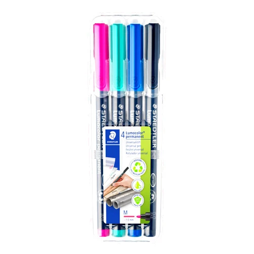 Staedtler - Lumocolor Permanent 317 - Easel Case Staedtler Box 4 Permanent Felt-Tip Pens Medium Tip 1 mm Assorted Colours - 317 Wp4