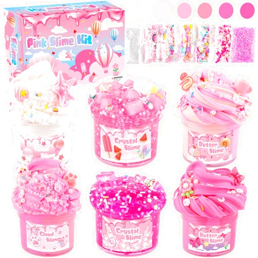 Rowecvce 6 Pack Slimes Kit, Pink Slime Kids, Cloud Butter & Clear Slime, Party Favors, Toys for Girls Boys Ages 8-12, Goodie Bag Stuffers,9-10 Year Old Girls Birthday Gift Ideas Cute Stuff