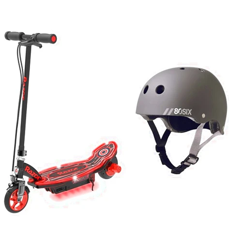 Razor Power Core E90 Electric Scooter with hub Motor, Push-Button Throttle, for Kids 8+ & 80Six Dual Certified Kids Bike, Scooter, and Skateboard Helmet, Grey Matte, Small/Medium - Ages 8+