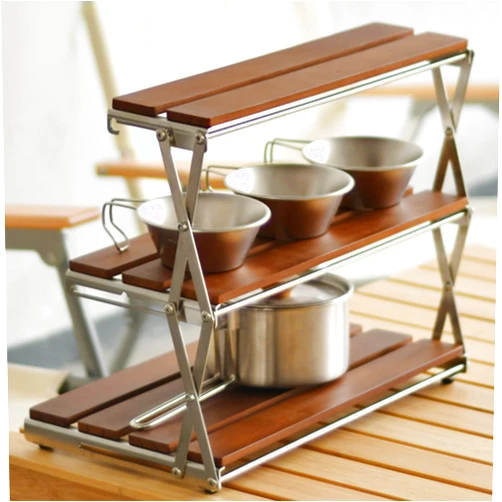 Generic Desktop Folding Storage Rack, Trapezoidal Solid Wood partition for Outdoor Camping, Multi-Layer organizing and Installation-Free Storage Rack (Large)