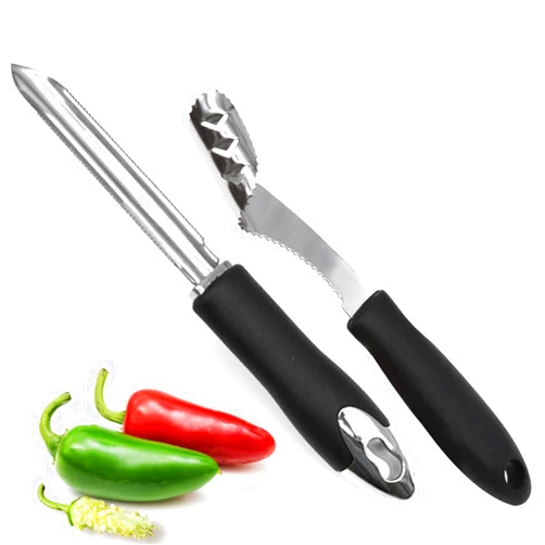 KAYCROWN Jalapeno Pepper Corer, Set of 2, Stainless Steel Chili Corer Remover with Serrated Slice and Rubber Handle, Core Deseeder for Jalapenos, Chilis, Bell Peppers, Zucchini Cucumber Corer
