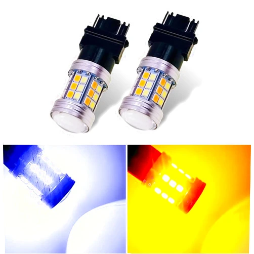 Irinidig 2 PCS 3157 Car LED Reversing Light, 2835-45SMD High-brightness Dual-color Width Light Brake Light, 360-degree Irradiation 3156 3057 4157 LED Turn Signal DRL Replacement (White & Yellow)