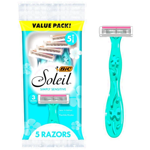 BIC Soleil Simply Sensitive Women's Disposable 3 Blade Razors, Soothing Moisture Strip, 5-Count Pack
