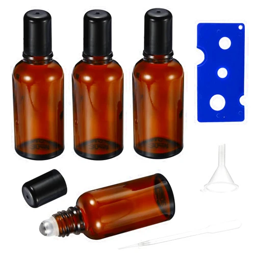HEYLEAYAR 30ML Roller Bottles for Essential Oil, 4 Pack Empty Amber Glass Roller Bottles for Perfume Oil, Roll on Bottles with Stainless Steel Roller Balls, Opener, Funnel and Dropper