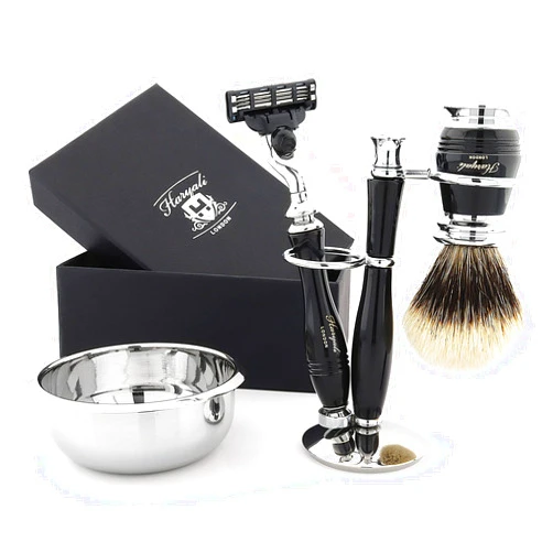 Haryali London Shaving Set with Silver Tips Shaving Brush - Complete 5 Pieces Aluminum Handle Shaving Kit for Men