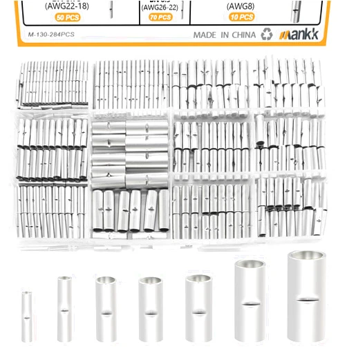 Mankk 284PCS Non Insulated Butt Connectors Kit 26-6 Gauge Tinned Red Copper Butt Connector Uninsulated Butt Connector Wire Crimp Connector for Electrical Appliances Cars Boats etc