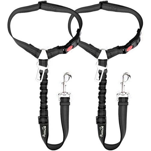 SlowTon Dog Seat Belt for Car, 2 Pack Dog Car Harness Seatbelt Adjustable with Elastic Bungee Buffer, 2 in 1 Pet Car Leash Headrest Restraint Dog Reflective Safety Tether (Black, Headrest+Clip)