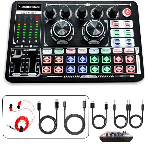 KILOGOGRAPH Podcast Sound Board - Audio Mixer with Effects, Audio Interface for PC Mac iOS, External Sound Card for Streaming Recording, LED Light, DJ Mixer, Voice Changer (F999 Plus, More Aux Cables)