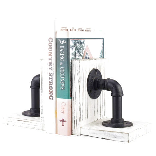 MyGift Whitewashed Solid Wood Bookends with Realistic Industrial Pipe Design, Decorative Office Bookends Shelf Decor Desk Book Holder L-Shaped Stand, 1-Pair