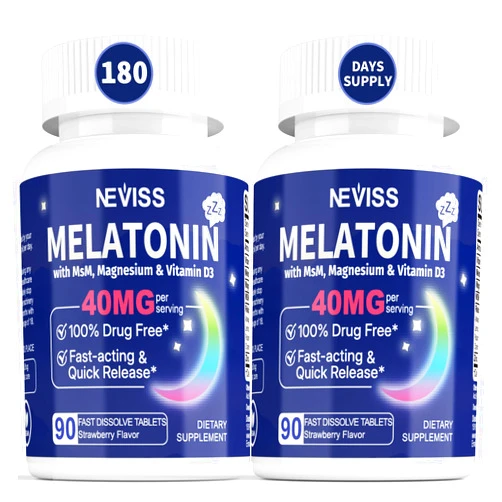 NEVISS Melatonin 40 mg for Adults - Fast Dissolve & Chewable Sublingual Sleep Supplement - Extra Strength Melatonin with Vitamin D3 & MSM, Selenium for Health Rest Cycle, Deep Zzzs, Sugar-Free, 180 Servings