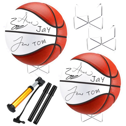 Liliful 2 Pcs Autograph Football Basketball Blank Official Size with 2 Stand 2 Signature Pen 1 Pump for Fantasy Champion Trophy Anniversary Birthday Graduation