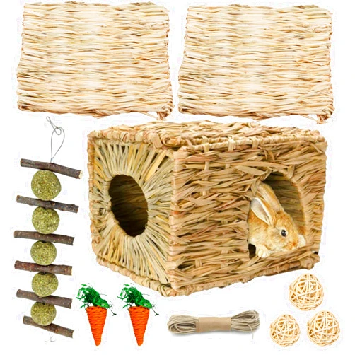 Hamiledyi Bunny Grass House with 2 Grass Mat and Play Balls Foldable Toy Hut for Rabbit, Squirrels, Guinea Pigs Play and Sleep Edible Grass Hideaway