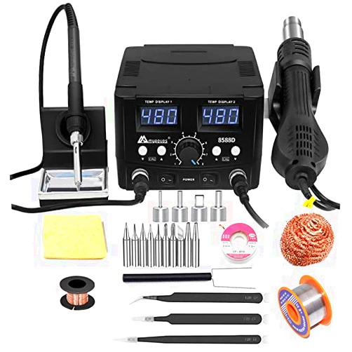 MYPOUOS 2 IN 1 750W LED Digital Soldering Station Hot Air Gun Rework Station Electric Soldering Iron For Phone PCB IC SMD BGA Welding SET 110V (8588D SET1)