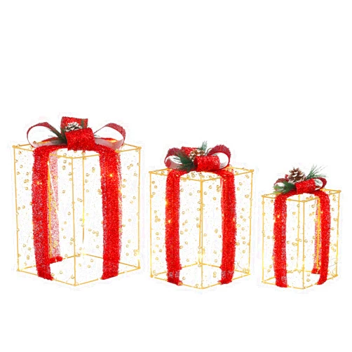 LEWIS&WAYNE Set of 3 Boxes Decoration, Pre-lit Xmas Beaded Present Boxes with 60 Warm White LEDs and Timer Function for Yard Indoor and Outdoor Christmas Decor