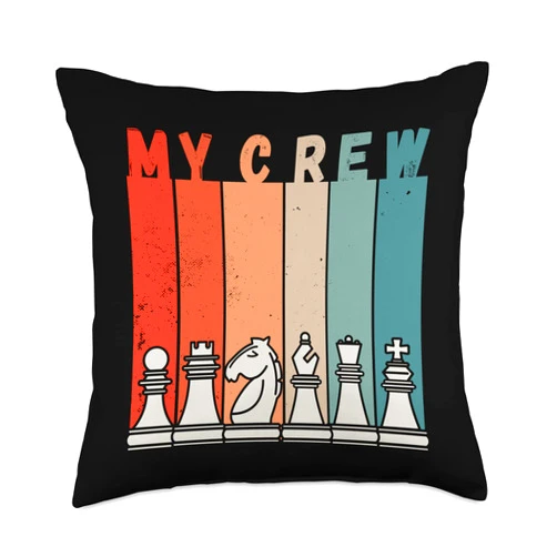 Grandmaster Chess Player Queen King Chess Figures This is My Crew Retro Vintage Throw Pillow, 18x18, Multicolor