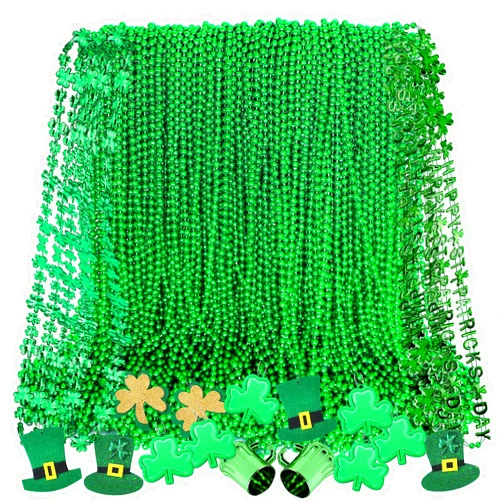 Elefama 74PCS St Patricks Day Beads Necklaces Bulk with Shamrock Mug Hat Clover Pendant Green Beads Necklace St Patricks Day Accessories Beads Decoration for Irish St Patrick's Day Party Parade Throws